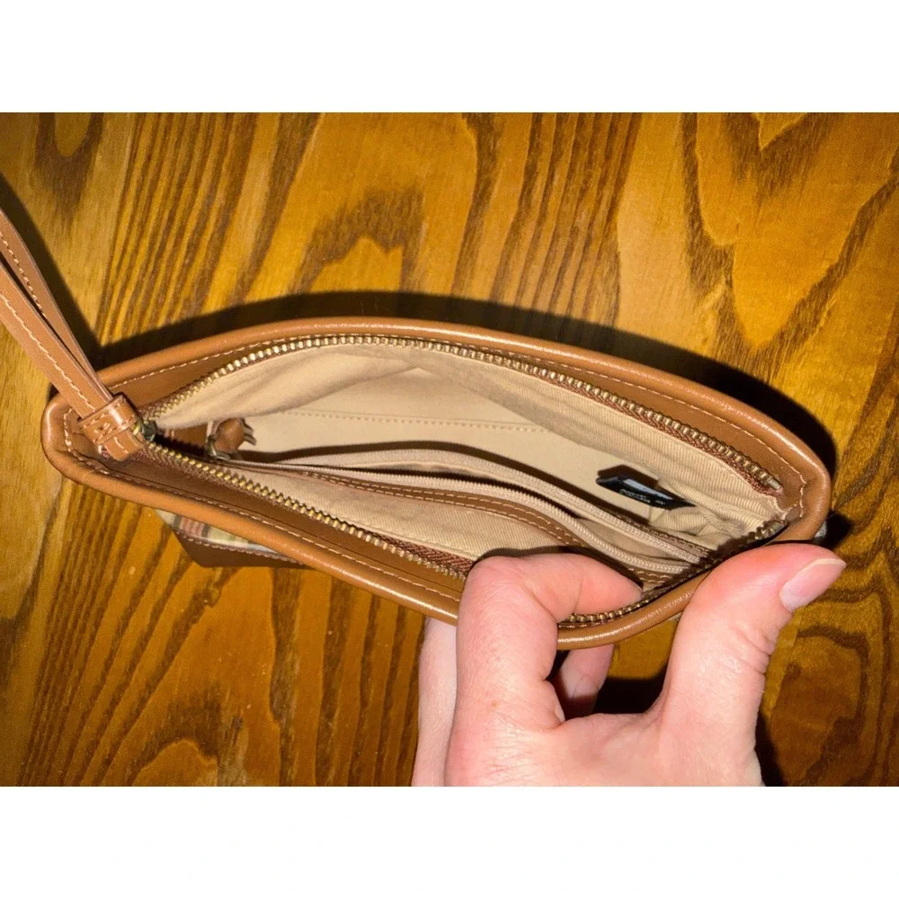 Ann Taylor LOFT Patchwork Plaid Cosmetic Bag Brown‎ Faux Leather Trim Clutch